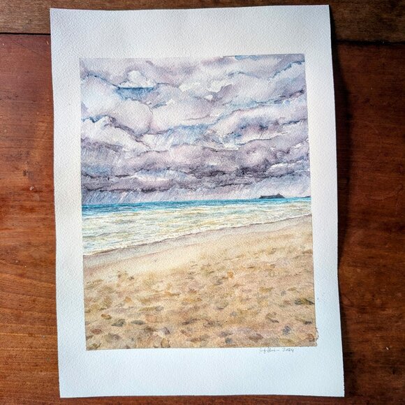 Original Watercolor Painting - Storm Clouds Over Waimanolo II - Beach painting - Picture 1 of 2